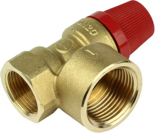 Sicherheitsventil mit rotem Griff, aus Messing, mit zwei Anschlussgewinden. Das Produkt stammt von der Marke Bosch und wird zur Druckregelung eingesetzt.